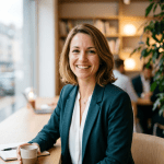 Smiling woman in business attire holding a coffee cup in a café